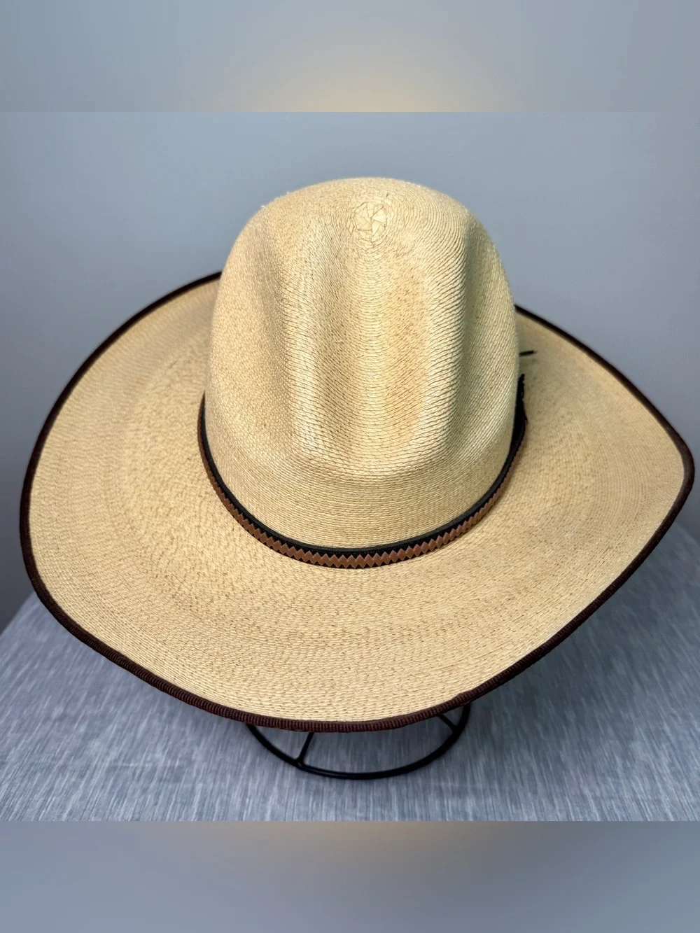 SunBody Hats Palm Leaf Wide Brim Hat Zigzag Leather Band Summer Resort Beach 7